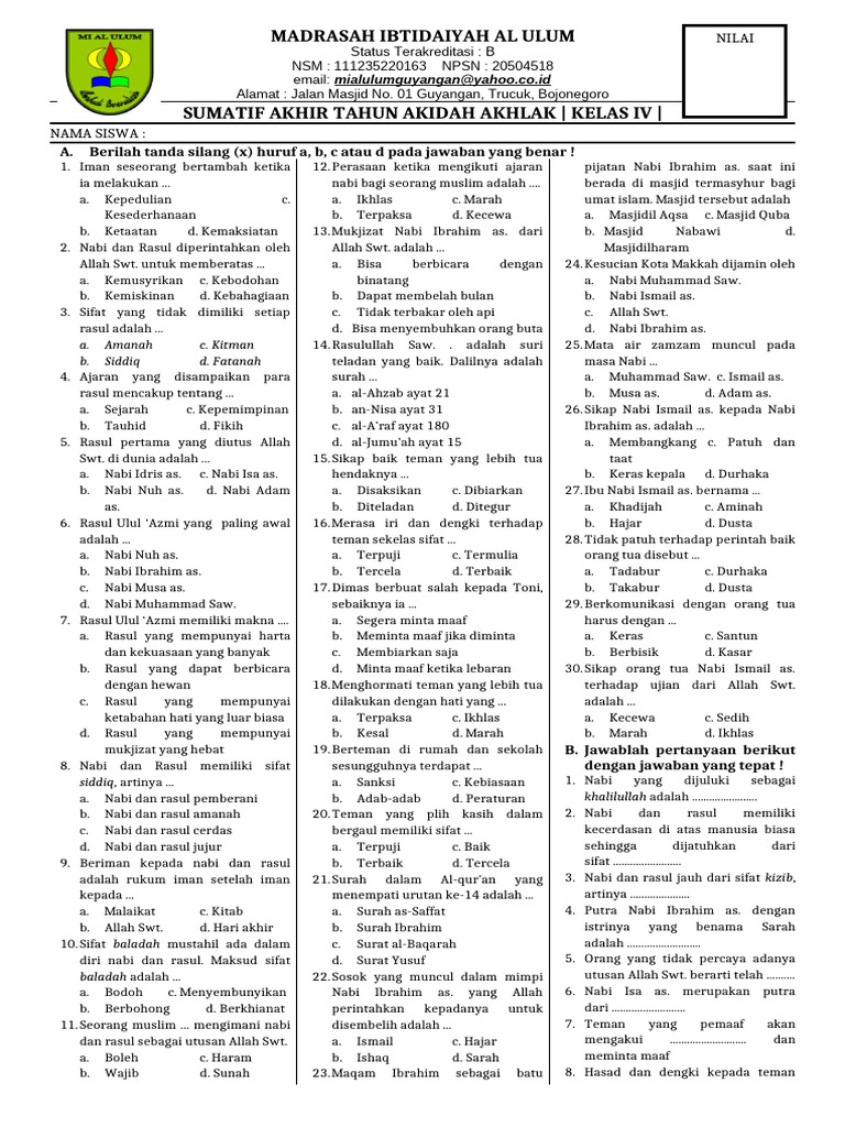 Soal Akidah Akhlak Kelas IV MI Al Ulum PDF