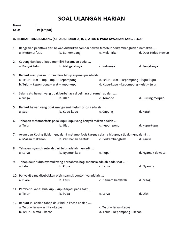 50 Soal Jawab IPA Kelas 4 Daur Hidup Hewan