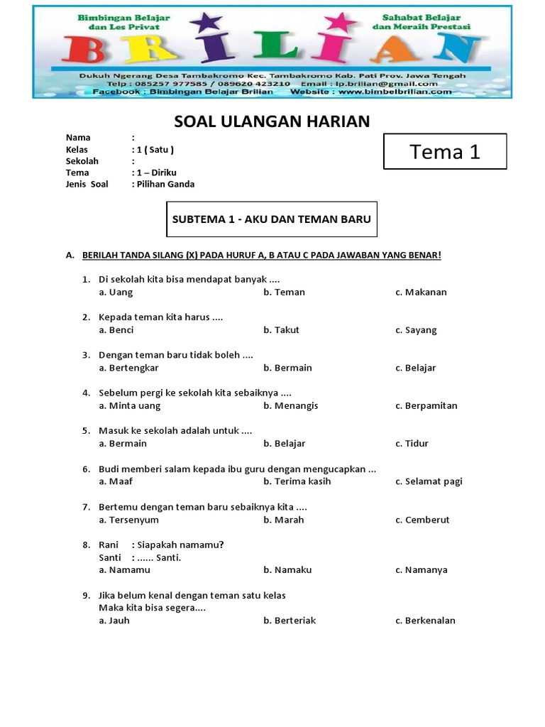 10 Contoh Soal Tema 1 Kelas 1 SD Semester 1 Ternyata Bisa Bikin Anak Semangat Belajar, Wajib Coba! 10 Contoh Soal Tema 1 Kelas 1 SD Semester 1 Ternyata Bisa Bikin Anak Semangat Belajar, Wajib Coba!