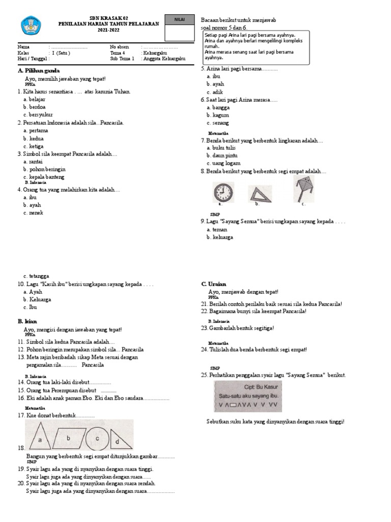 Soal Penilaian Harian Kelas 1 Tema 4 NEW PDF