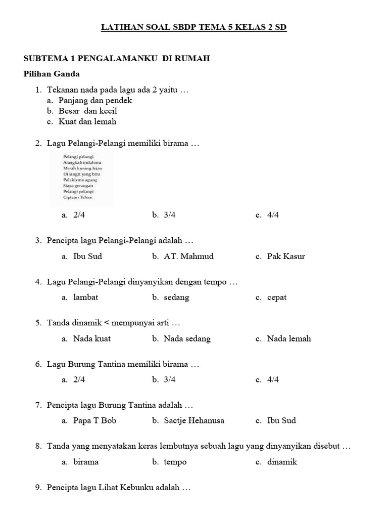 Latihan Soal SBDP Kelas 2 SD PDF Griya Taman Seni Latihan Soal SBDP Kelas 2 SD PDF Griya Taman Seni