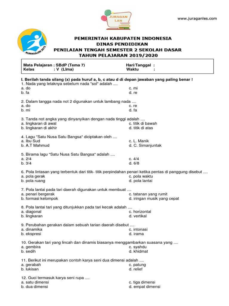 contoh soal sbdp kelas 5 semester 2 contoh soal sbdp kelas 5 semester 2