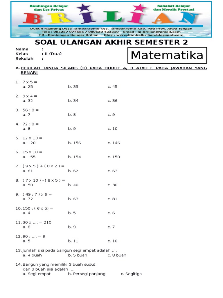 40 soal ulangan matematika semester 2 kenaikan kelas kelas 4