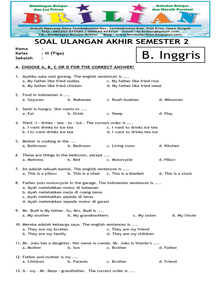 Rahasia Skor Sempurna Lewat Bocoran Soal UAS Bahasa Inggris Kelas 3 SD Kurikulum 2013