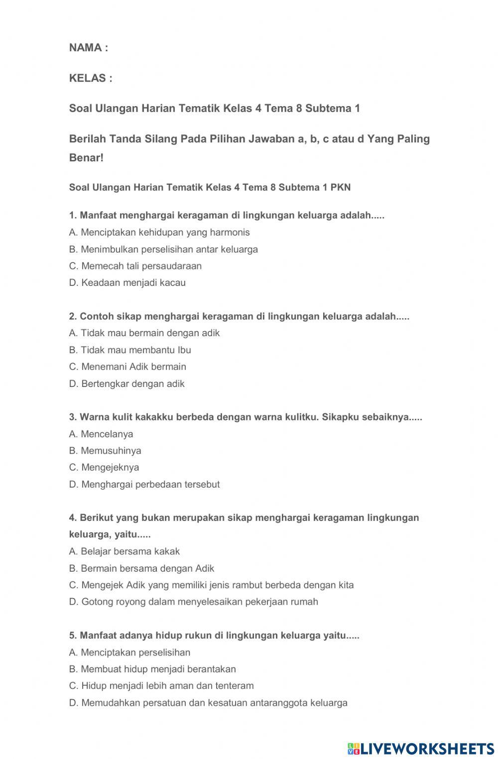 Wajib Tahu! Ini Kumpulan Contoh Soal Ulangan Harian Tematik Tema 8 Kelas 4 Terbaru